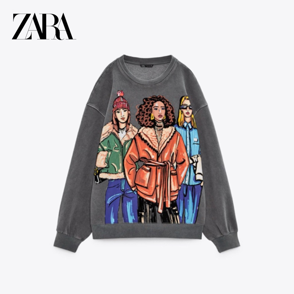 ✨Zara Gray Sweatshirt with Colorful Fashion Print Sweater Small